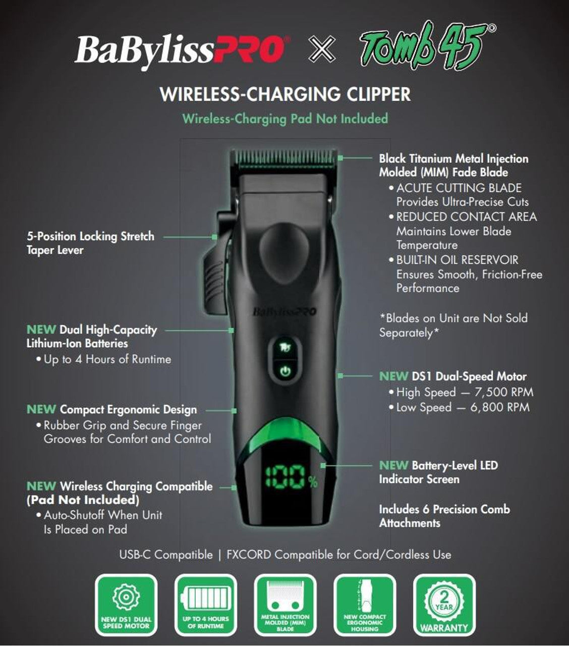 BabylissPRO X Tomb45 wireless charging clipper